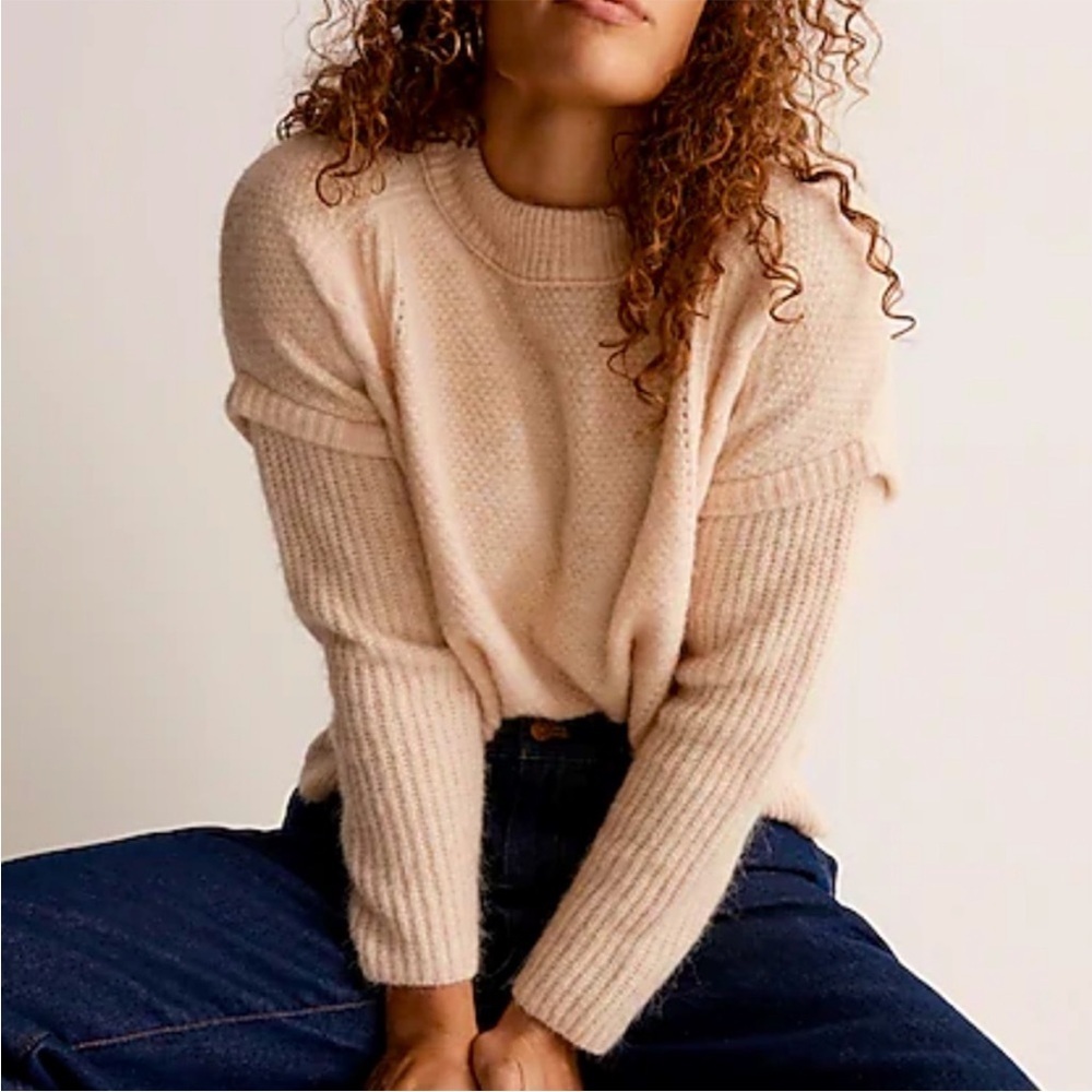 Madewell Beige Cable Knit Sweater Women L Chunky Crewneck Pullover Alpaca Wool